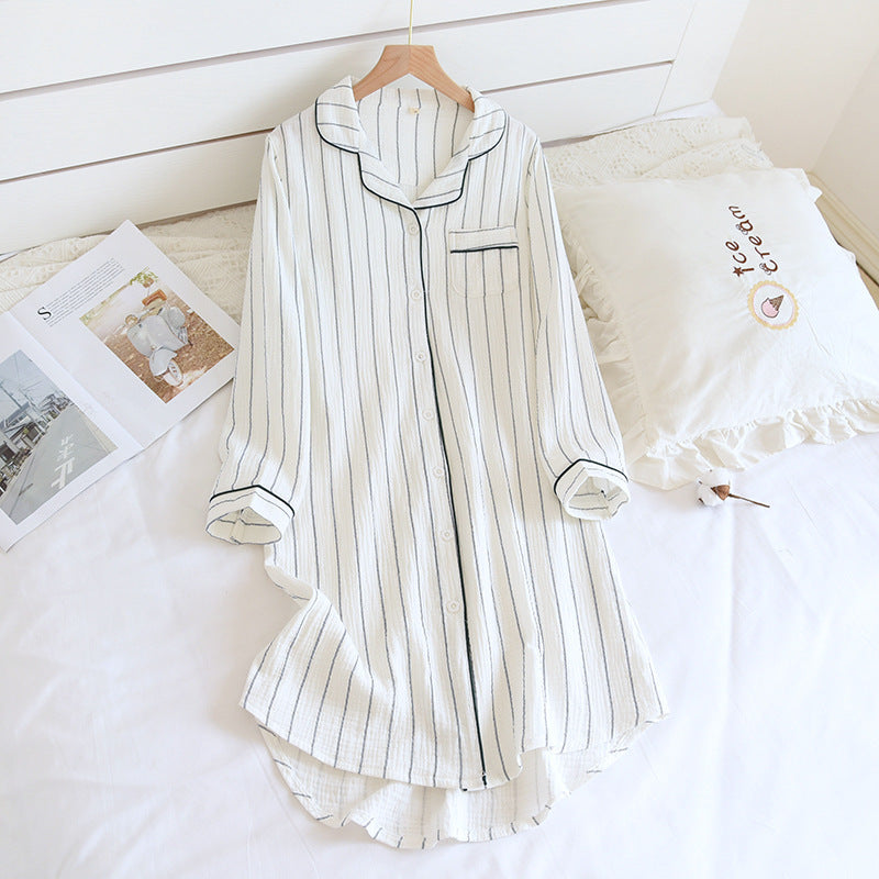 Ownkoti Solid Striped Nightgown with Notch Collar