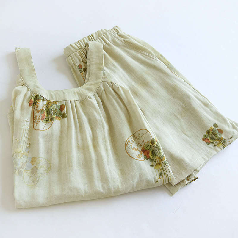 Elegant Bamboo Flower Nightwear Set - Comfortable Tank Top Pajamas