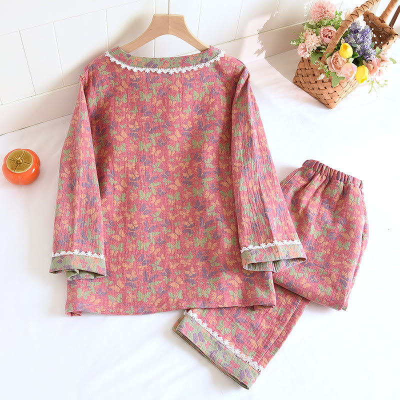 Cotton Gauze Jacquard Butterfly Pajama Set for Women