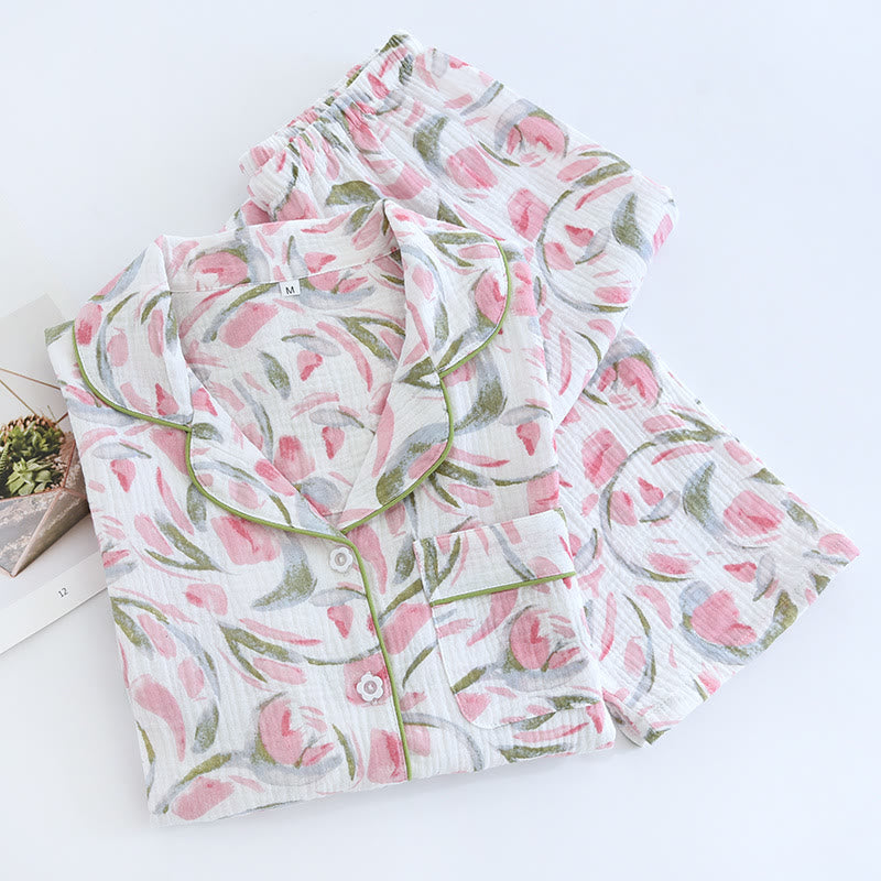 Floral Tulip Cotton Gauze Pajama Set – Cozy and Stylish Sleepwear for Ultimate Comfort