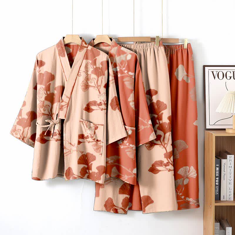 Ownkoti Ultra Comfort Ginkgo Leaf Cotton Kimono Pajamas for Relaxation