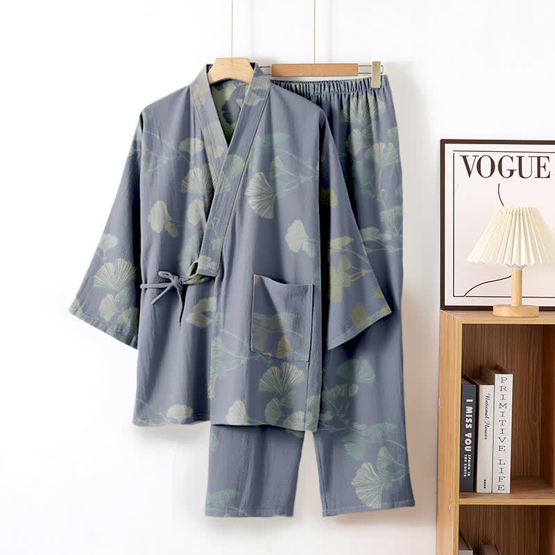 Ownkoti Organic Cotton Kimono with Ginkgo Leaves - Comfortable Loungewear