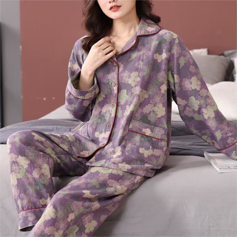 Ownkoti Women's Jacquard Flower Pajama Set with Buttons Made of Cotton