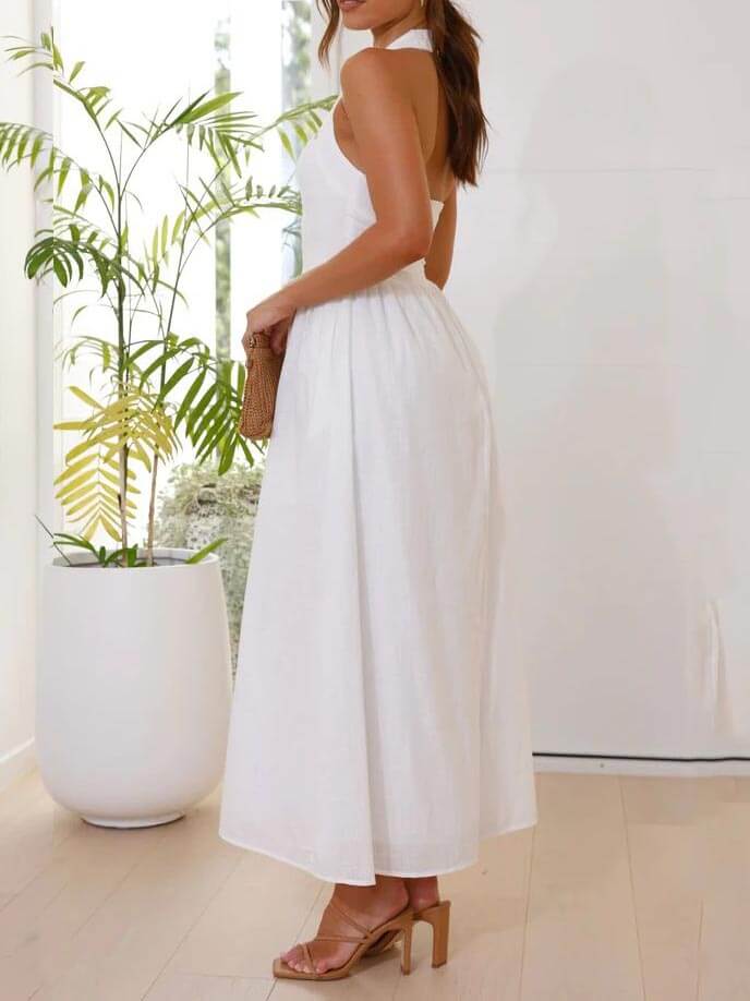 Waist Little Black Halter Neck Dress Mid-Length Dress