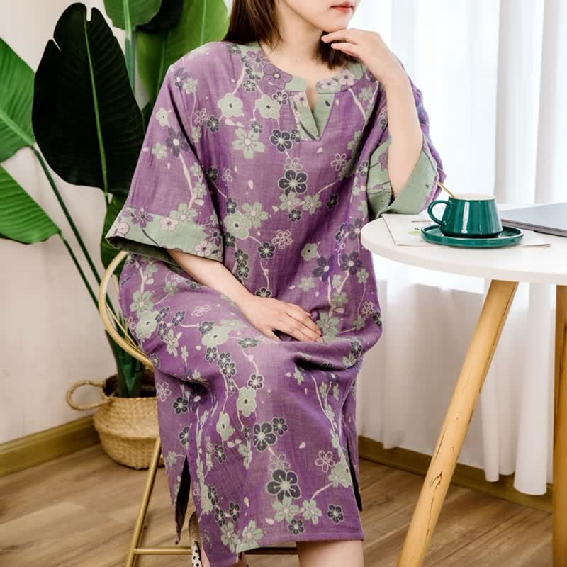 Ownkoti Plum Blossom Women's Nightgown with V-Neck made of soft cotton