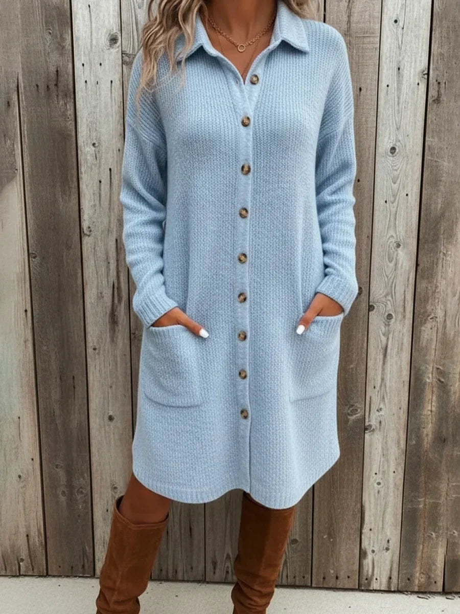 Women's Knitted Midi Shirt Dress with Pockets