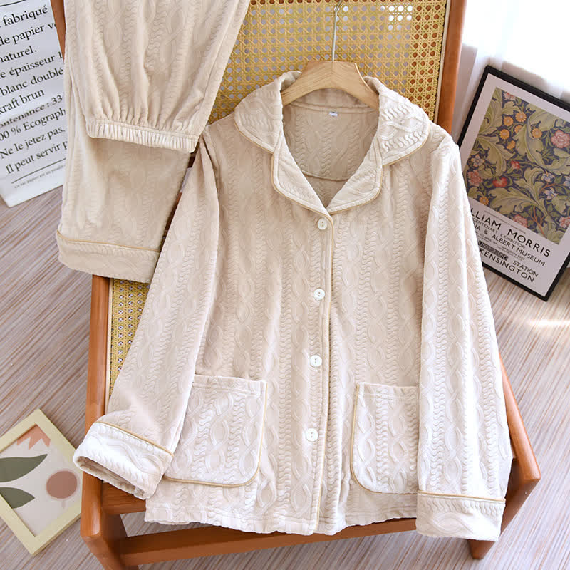 Ownkoti Unisex Solid Color Flannel Pajama Set with Classic Lapel Design