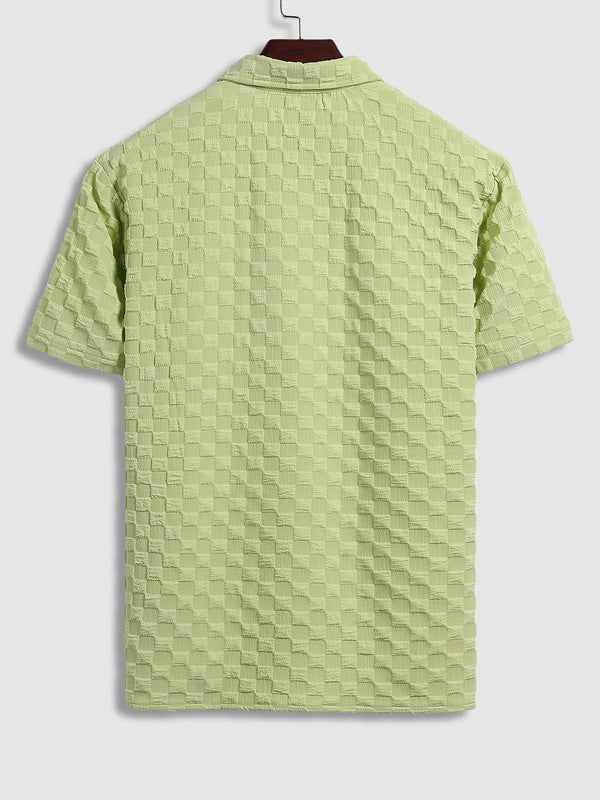 Men's Short Sleeve Casual Shirt with Seersucker Texture and Solid Color Plaid Design