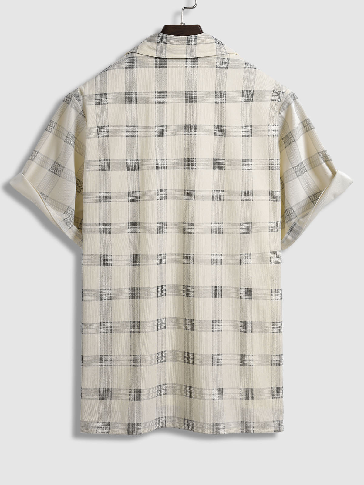 Men's corduroy plaid shirt with buttons and short sleeves