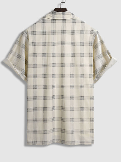 Men's corduroy plaid shirt with buttons and short sleeves