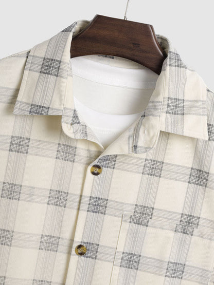 Men's corduroy plaid shirt with buttons and short sleeves