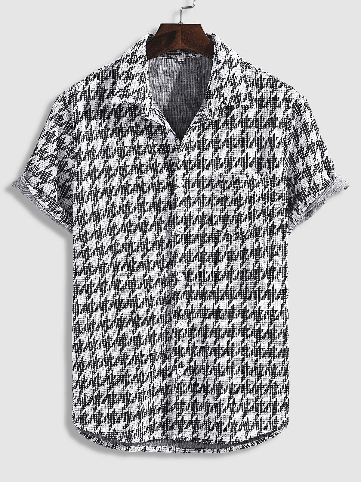 Men's Casual Houndstooth Pattern Short-Sleeve Shirt with Plaid Weave
