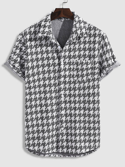 Men's Casual Houndstooth Pattern Short-Sleeve Shirt with Plaid Weave