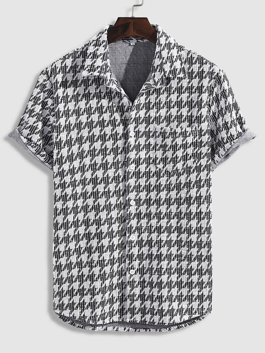 Men's Casual Houndstooth Pattern Short-Sleeve Shirt with Plaid Weave