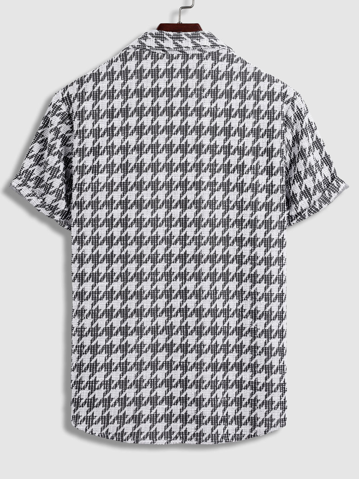 Men's Casual Houndstooth Pattern Short-Sleeve Shirt with Plaid Weave