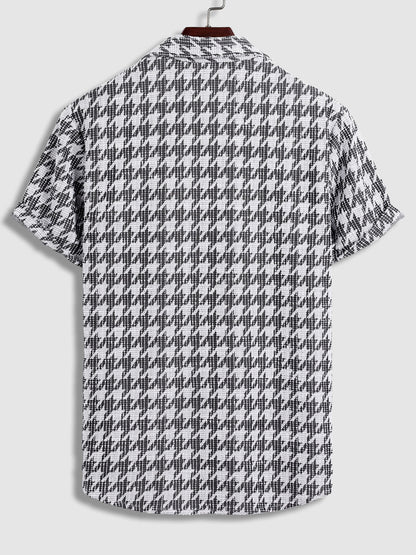 Men's Casual Houndstooth Pattern Short-Sleeve Shirt with Plaid Weave