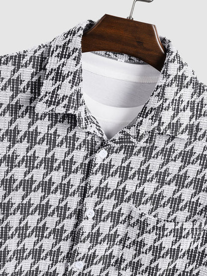 Men's Casual Houndstooth Pattern Short-Sleeve Shirt with Plaid Weave