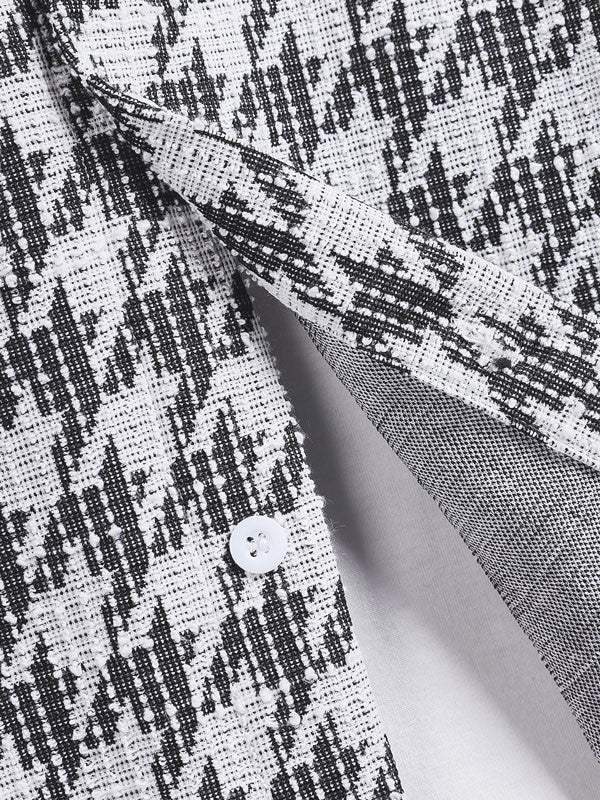 Men's Casual Houndstooth Pattern Short-Sleeve Shirt with Plaid Weave