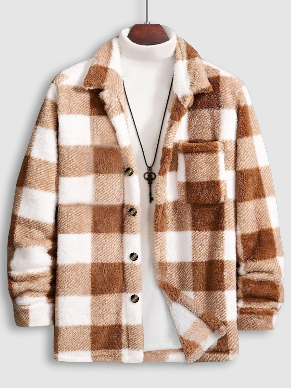 Classic men's plaid jacket with plush faux fur shoulder details, single pocket, buttons, and collar lapel