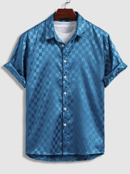 Men's Casual Short Sleeve Satin and Plaid Button-Down Shirt in Solid Color