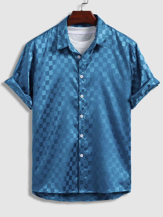 Men's Casual Short Sleeve Satin and Plaid Button-Down Shirt in Solid Color