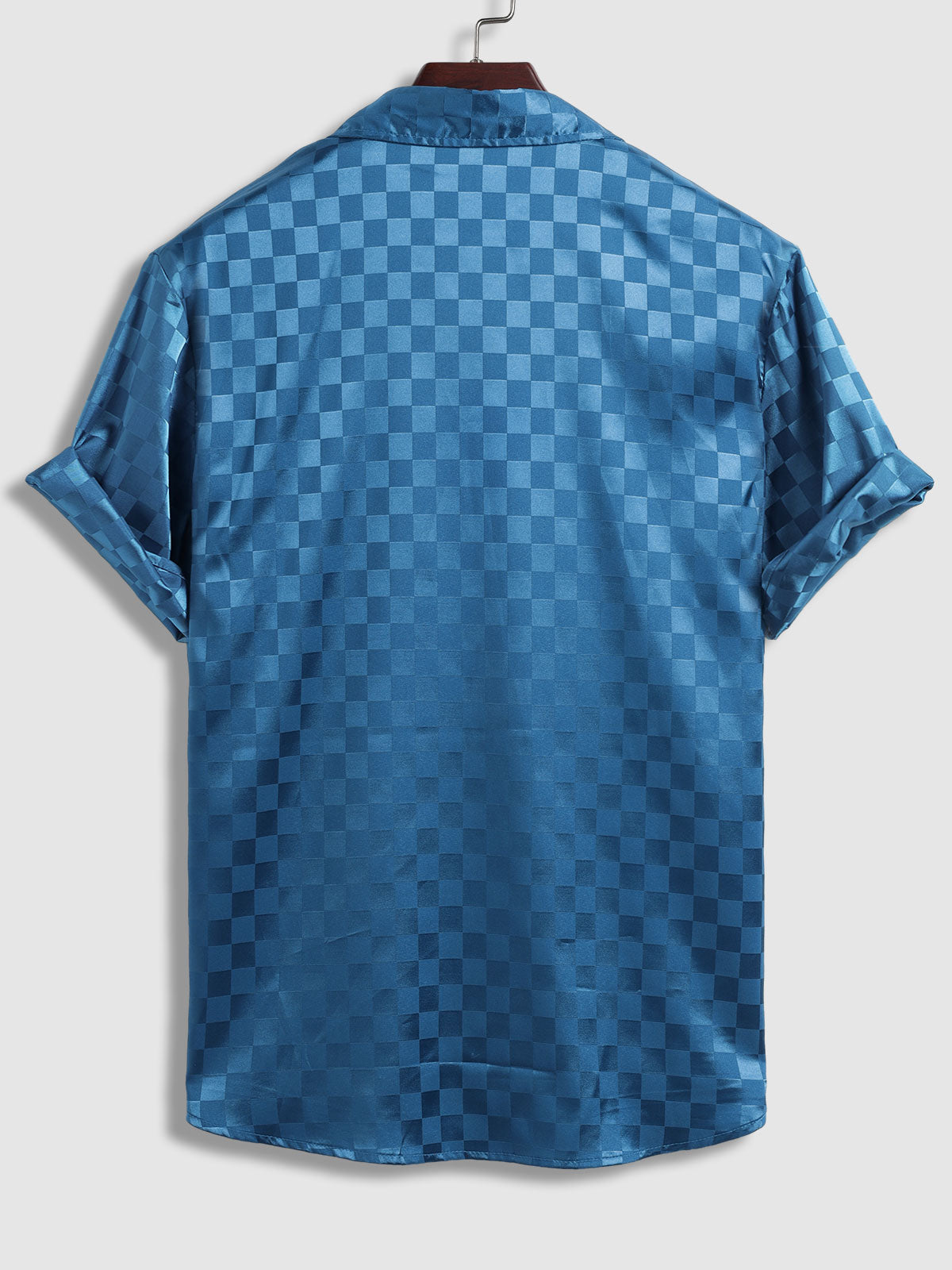 Men's Casual Short Sleeve Satin and Plaid Button-Down Shirt in Solid Color