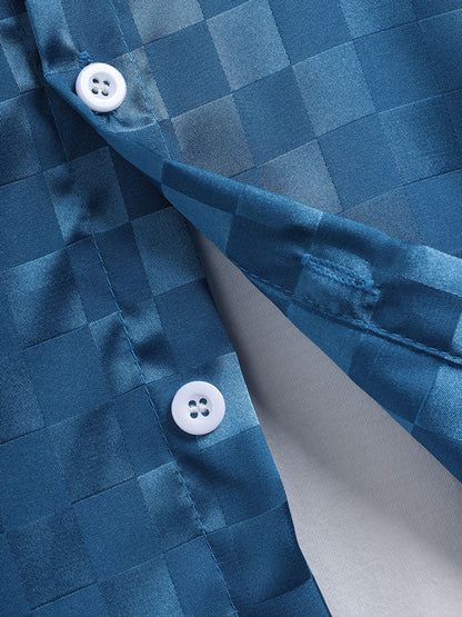 Men's Casual Short Sleeve Satin and Plaid Button-Down Shirt in Solid Color