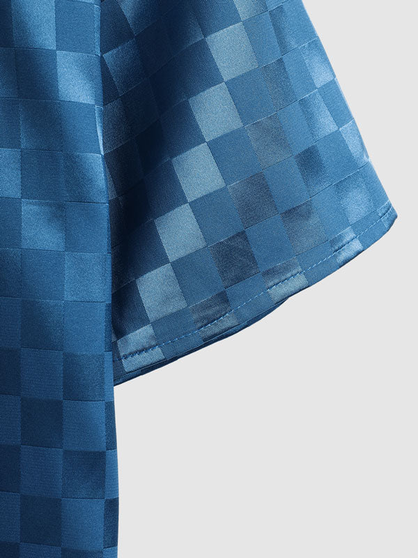 Men's Casual Short Sleeve Satin and Plaid Button-Down Shirt in Solid Color