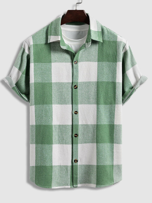 Casual Short Sleeve Shirt for Men in Wool Blend with Checkered Pattern