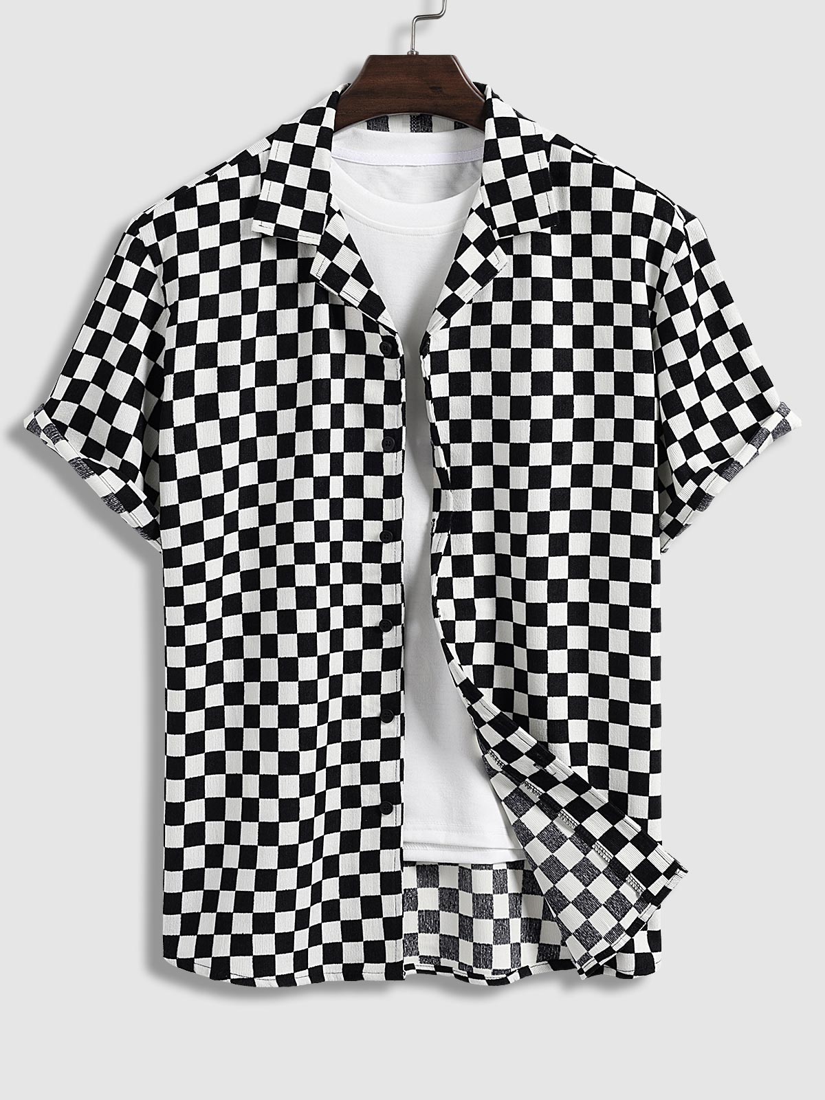 November Short Sleeve Plaid Shirt in Black and White Cotton for Men