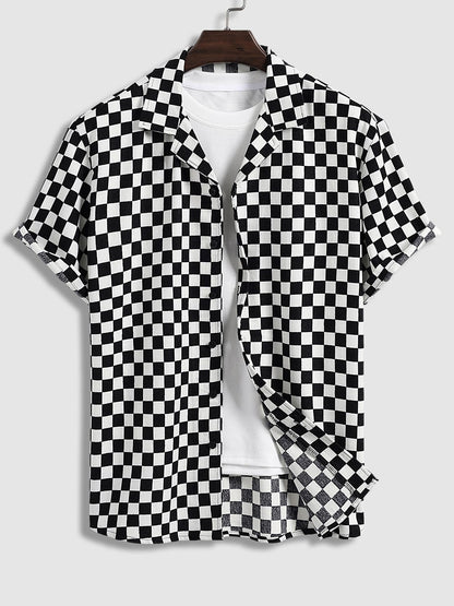 November Short Sleeve Plaid Shirt in Black and White Cotton for Men