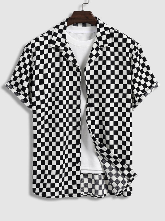 November Short Sleeve Plaid Shirt in Black and White Cotton for Men