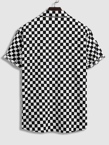 November Short Sleeve Plaid Shirt in Black and White Cotton for Men
