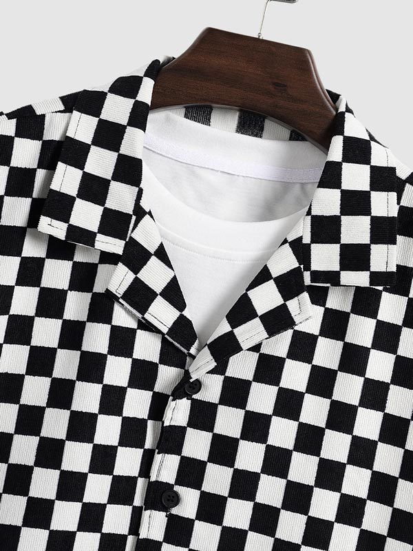 November Short Sleeve Plaid Shirt in Black and White Cotton for Men