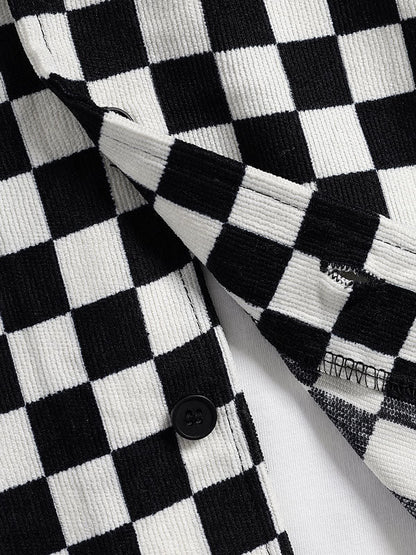 November Short Sleeve Plaid Shirt in Black and White Cotton for Men