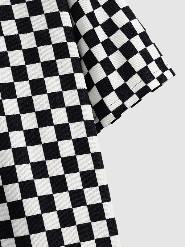 November Short Sleeve Plaid Shirt in Black and White Cotton for Men