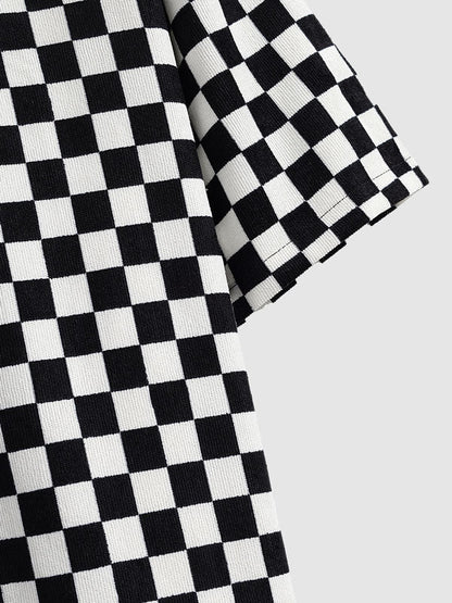 November Short Sleeve Plaid Shirt in Black and White Cotton for Men