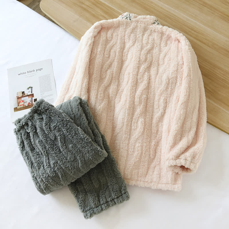 Ownkoti Vintage Style Embroidered Plush Fleece Pajama Set for Cozy Comfort