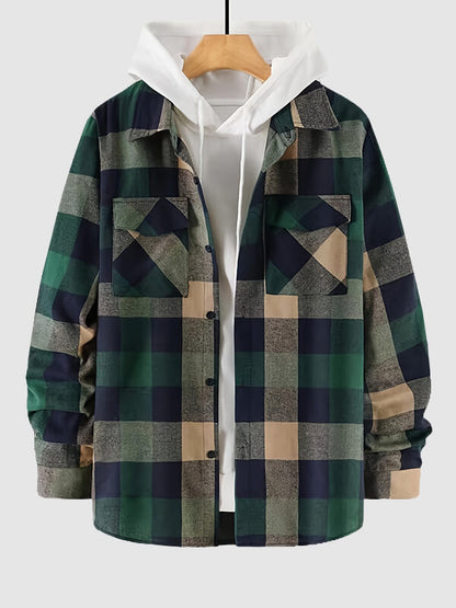 Men's classic plaid brushed shirt with collar and double pocket