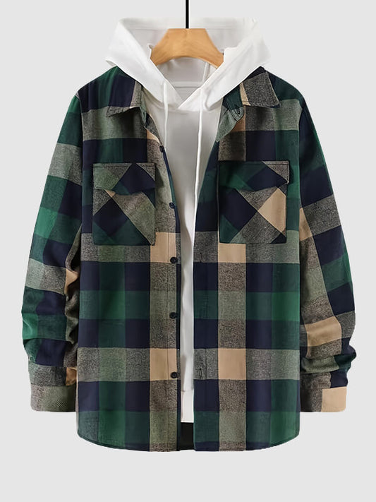 Men's classic plaid brushed shirt with collar and double pocket