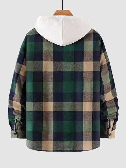 Men's classic plaid brushed shirt with collar and double pocket