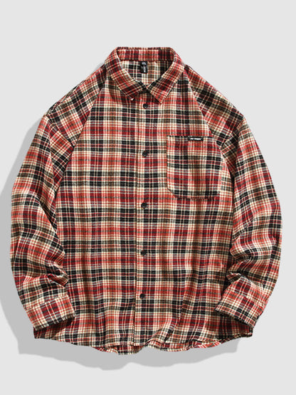 Men's Classic Casual Checkered Shirt with Pockets and Long Sleeves