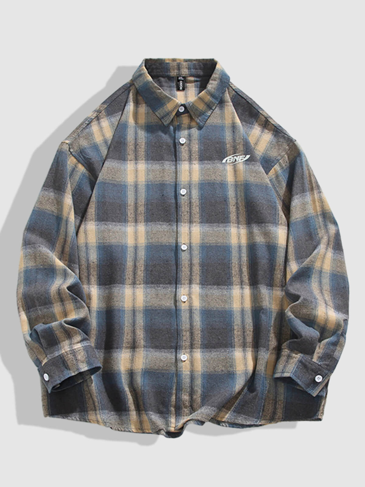 Casual men's plaid wool and cotton shirt with buttons and long sleeves