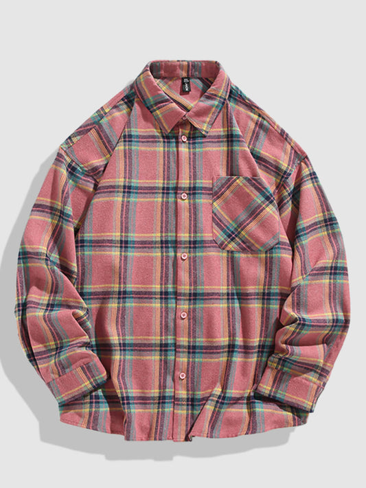 Casual men's plaid shirt with pocket and buttoned long sleeves