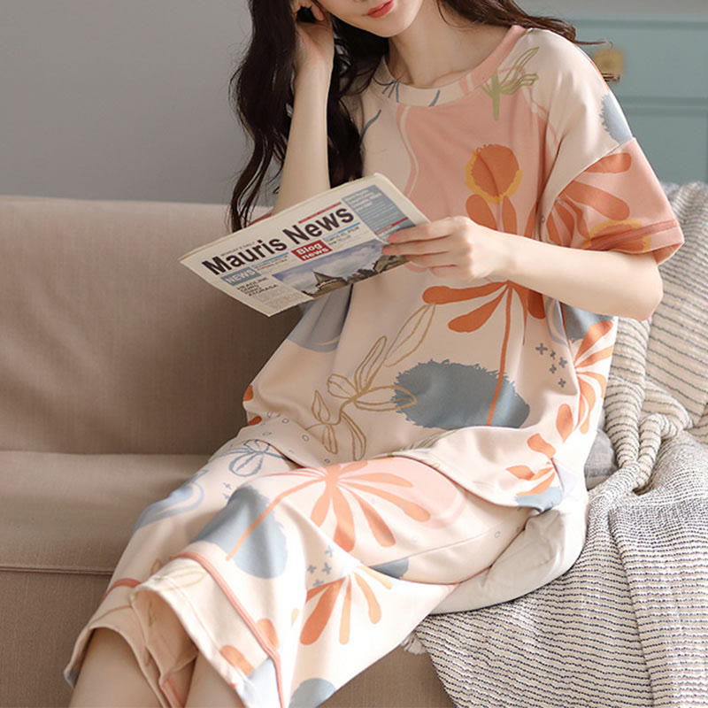 Ownkoti Floral Leaf Pattern Comfortable Cotton Lounge Set