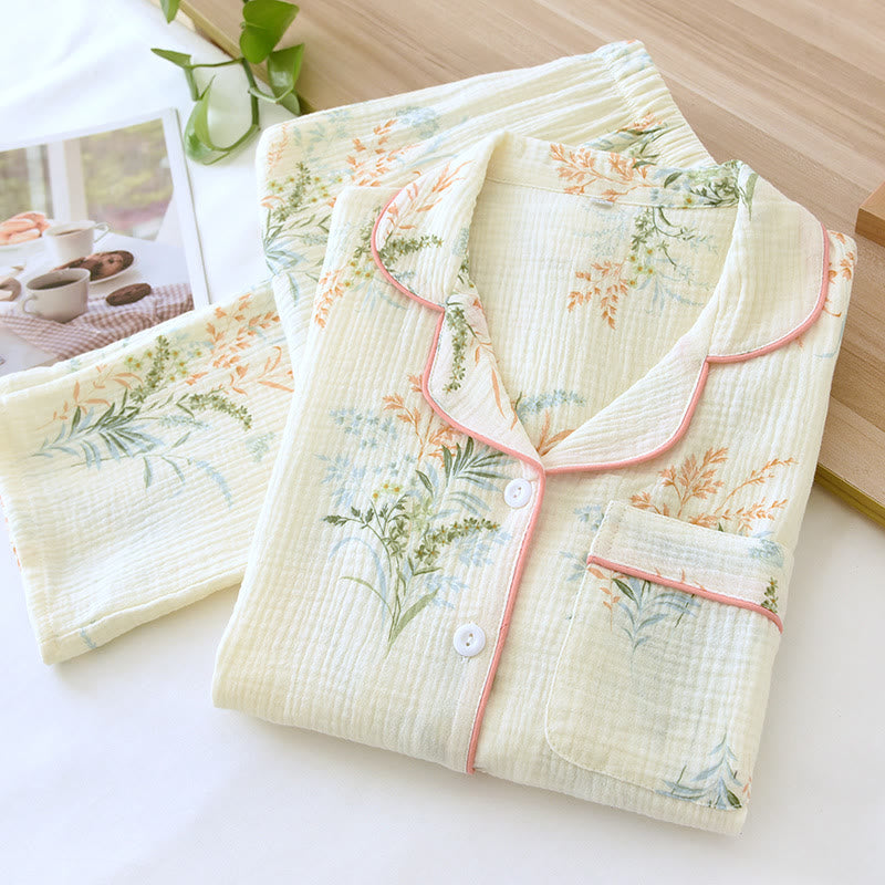 Ownkoti Ultra Comfort Pure Cotton Rural Lapel Loungewear Set for Relaxed Style