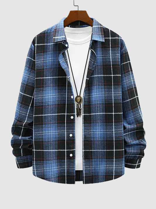 Men's Long Sleeve Casual Wool and Suede Plaid Shirt