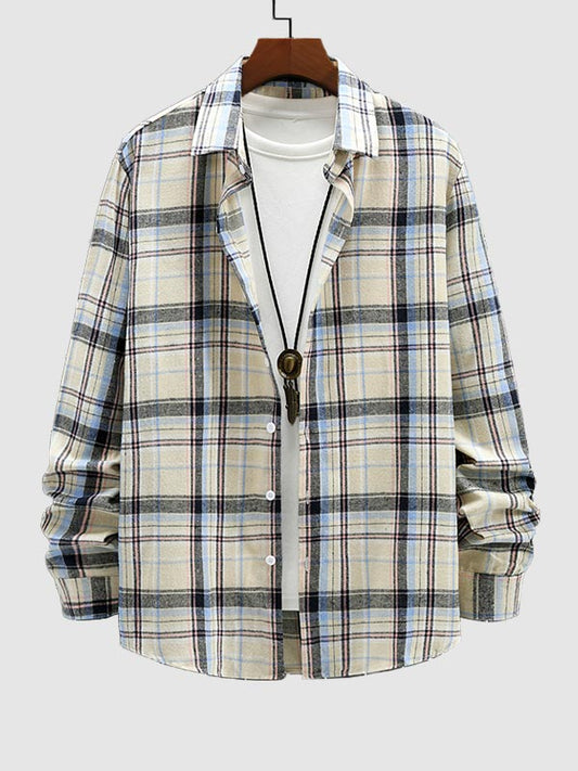 Men's Long Sleeve Shirt with Plaid Design in Wool Blend for a Sophisticated Style