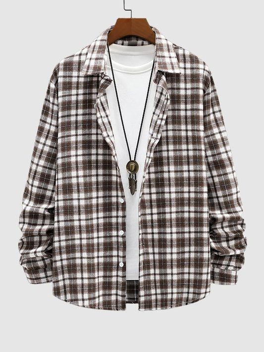 Casual Long Sleeve Men's Plaid Shirt with Wool Blend
