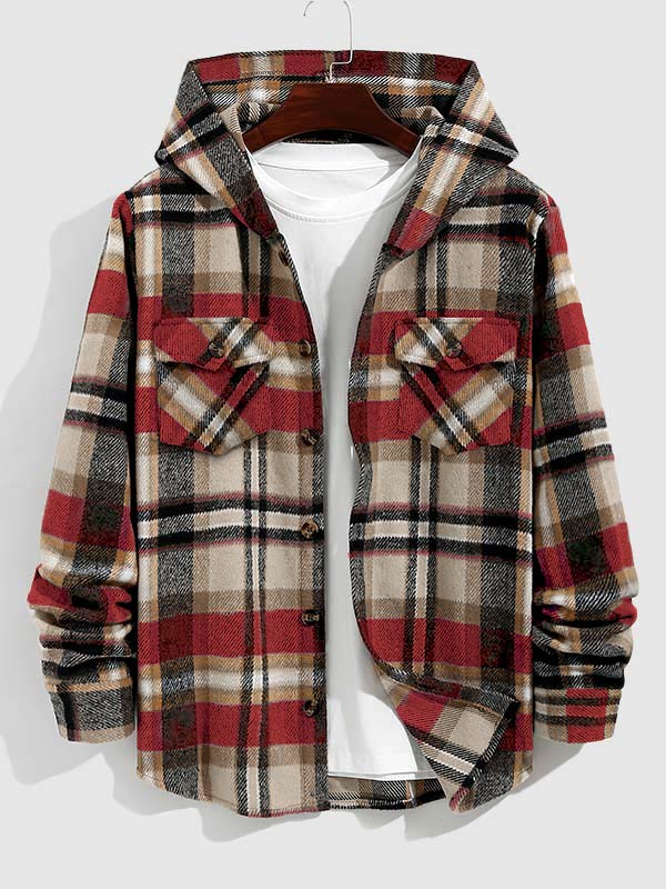 Men's Stylish Plaid Hooded Wool Blend Shirt Jacket with Corduroy Casual Pants